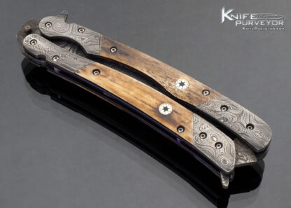 Suchat Jangtanong Custom Knife Balisong Damascus and Bone with Mosaic Pins Butterfly Flipper - Image 4