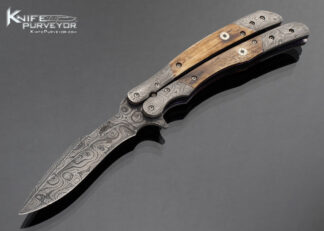 Suchat Jangtanong Custom Knife Balisong Damascus and Bone with Mosaic Pins Butterfly Flipper 17042