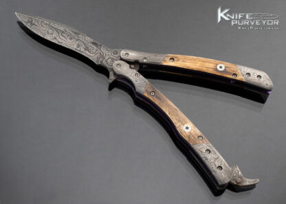 Suchat Jangtanong Custom Knife Balisong Damascus and Bone with Mosaic Pins Butterfly Flipper - Image 3