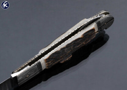 Kay Embretsen Custom Knife Bartenders Knife Sole Authorship Damascus and Stag with Corkscrew Half Stop Slip Joint - Image 5