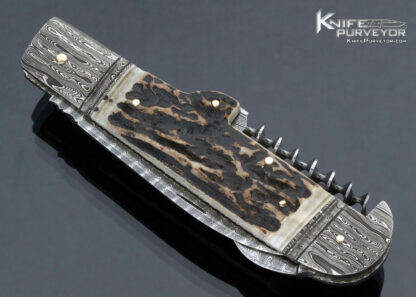 Kay Embretsen Custom Knife Bartenders Knife Sole Authorship Damascus and Stag with Corkscrew Half Stop Slip Joint - Image 3