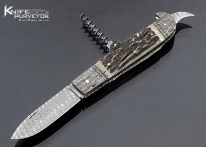 Kay Embretsen Custom Knife Bartenders Knife Sole Authorship Damascus and Stag with Corkscrew Half Stop Slip Joint 17060