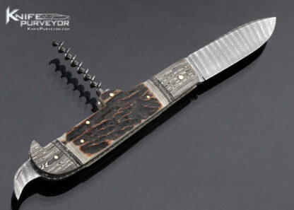 Kay Embretsen Custom Knife Bartenders Knife Sole Authorship Damascus and Stag with Corkscrew Half Stop Slip Joint - Image 2