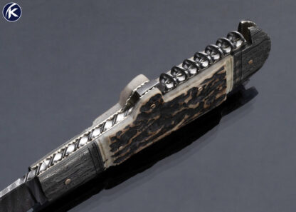 Kay Embretsen Custom Knife Bartenders Knife Sole Authorship Damascus and Stag with Corkscrew Half Stop Slip Joint - Image 4