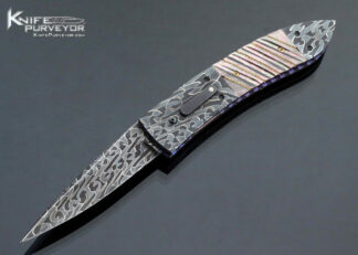 Jim Minnick Custom Knife Robert Eggerling Mosaic Damascus, Fluted Black Lip Pearl with Braided Gold Wire Automatic Linerlock 17101