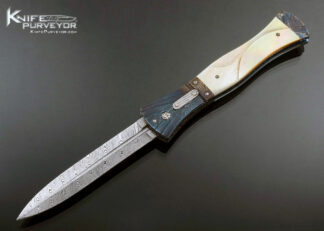 Steven Hill Custom Knife Fluted Gold Lip Pearl and Blued Damascus Automatic Linerlock 17146