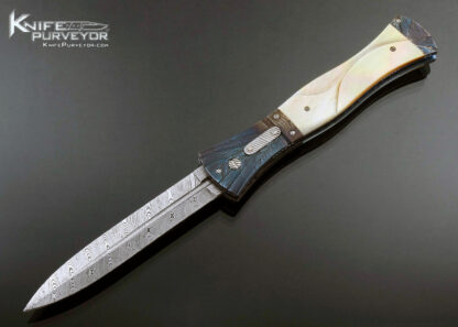 Steven Hill Custom Knife Fluted Gold Lip Pearl and Blued Damascus Automatic Linerlock 17146