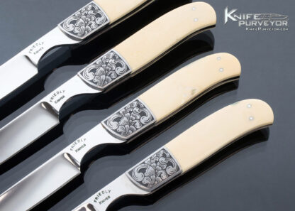 Dennis Friedly Custom Knife Set of 4 Bruce Shaw Engraved Mammoth with Wood Lockable Display Box - Image 2