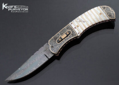 Vernie Reed Custom Knife Blued Robert Eggerling Damascus Fluted Pearl with Braided Gold Wire Automatic Linerlock 16271