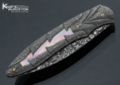 Don Hanson III Custom Knife Carved Sole Authorship Damascus Black Lip Tahitian Pearl Shell Window Frame Linerlock - Image 3