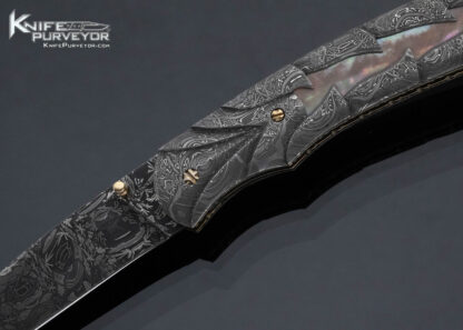 Don Hanson III Custom Knife Carved Sole Authorship Damascus Black Lip Tahitian Pearl Shell Window Frame Linerlock - Image 2