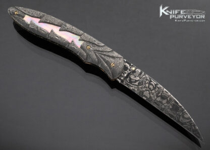 Don Hanson III Custom Knife Carved Sole Authorship Damascus Black Lip Tahitian Pearl Shell Window Frame Linerlock - Image 4