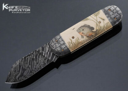Don Hanson III Custom Knife Sole Authorship Damascus Sunfish Slipjoint Scrimshawed by Tina Hanson 16265