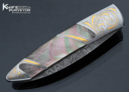 Scott Sawby Custom Knife Engraved by Tim Halloran Damascus and Black Lip Tahitian Pearl with Gold Inlays Self Lock - Image 4