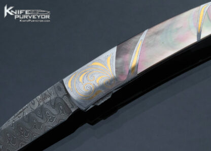 Scott Sawby Custom Knife Engraved by Tim Halloran Damascus and Black Lip Tahitian Pearl with Gold Inlays Self Lock 15827