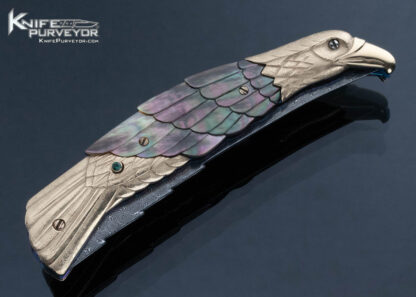 Stephen Olszewski Custom Knife Jerry Rados Damascus Black Lip Pearl and 14Kt Gold Eagle Automatic Linerlock - Image 3