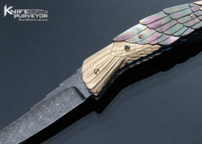Stephen Olszewski Custom Knife Jerry Rados Damascus Black Lip Pearl and 14Kt Gold Eagle Automatic Linerlock - Image 2
