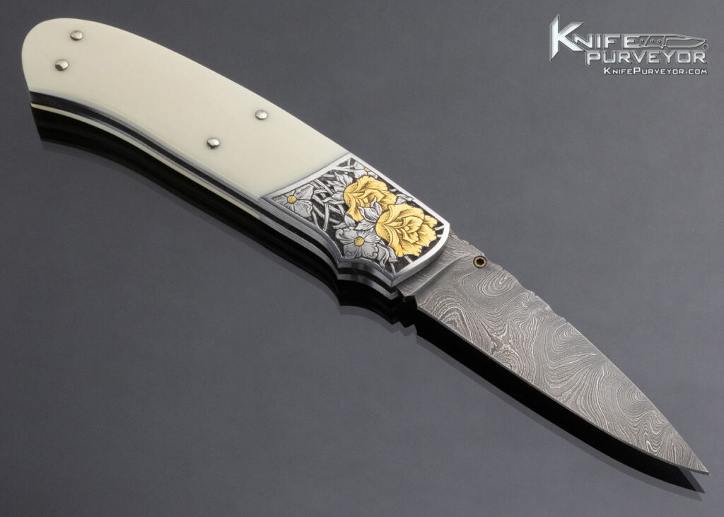 W.D. Pease Custom Knife Damascus Fossilized Walrus Side Lock Folder ...