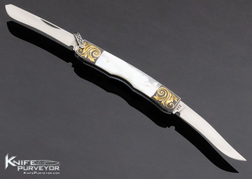 Jess Horn Custom Knife Tim Engraved Mother of Pearl Two Blade